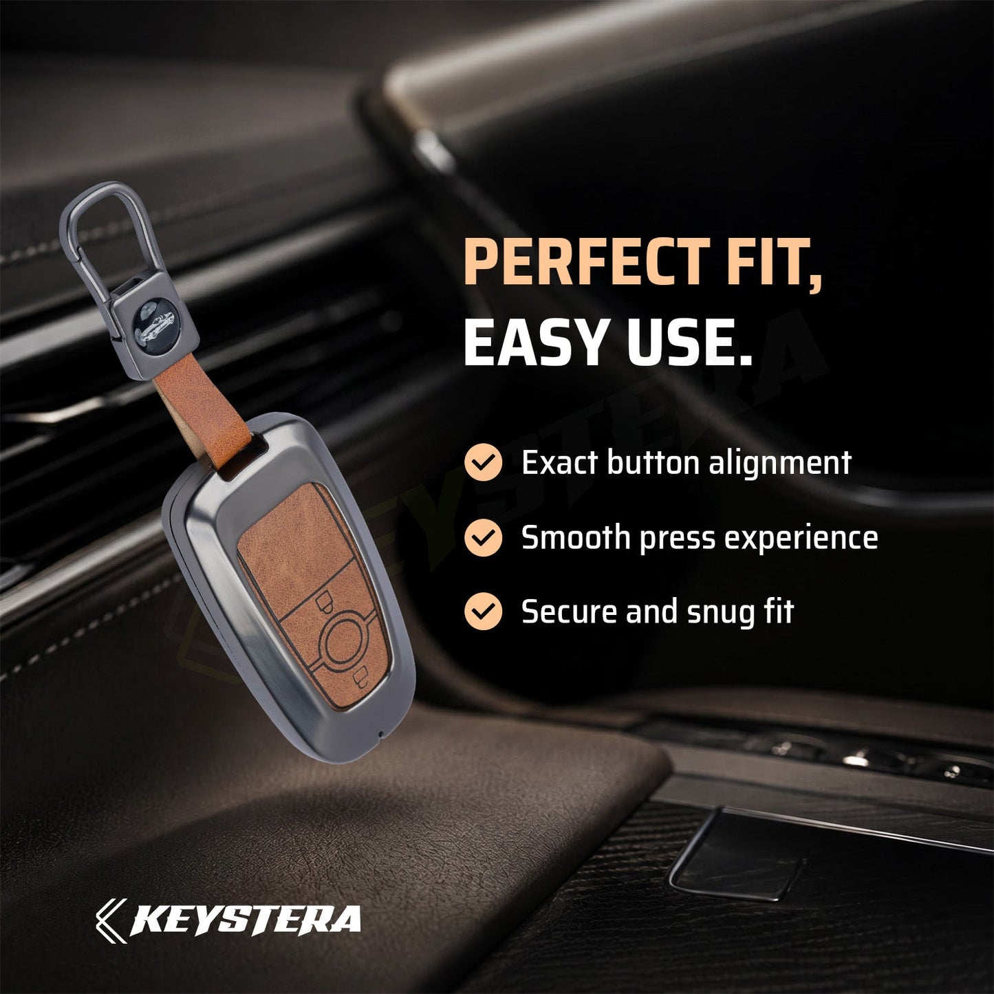 Metal Leather Key Cover Compatible for Ford Ecosport | Endeavour | Freestyle | Aspire | Figo (2 button Smart Key)