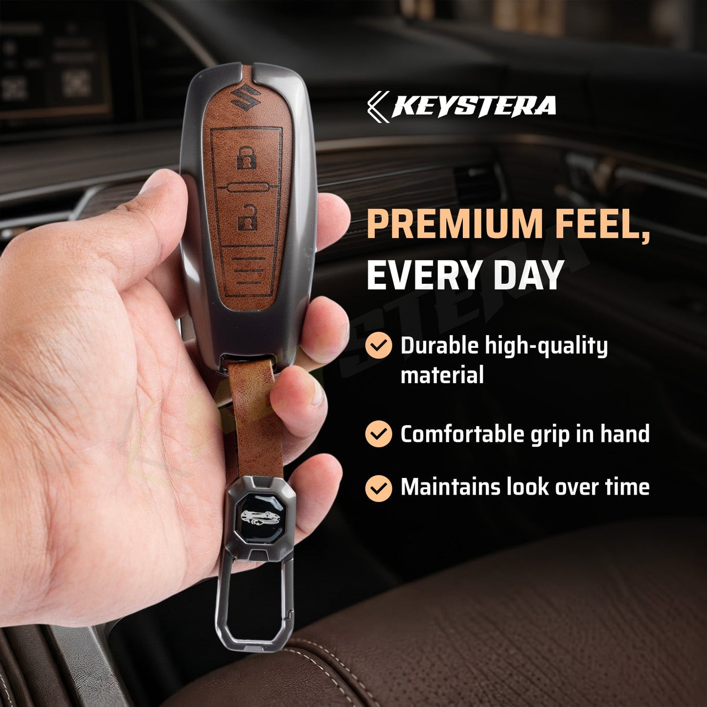 Metal Leather Brown Car Key Cover Compatible For  Suzuki: Baleno, Ciaz, Ignis, S-Cross, Grand Vitara, Brezza & Toyota Urban Cruiser (3 Button smart key)