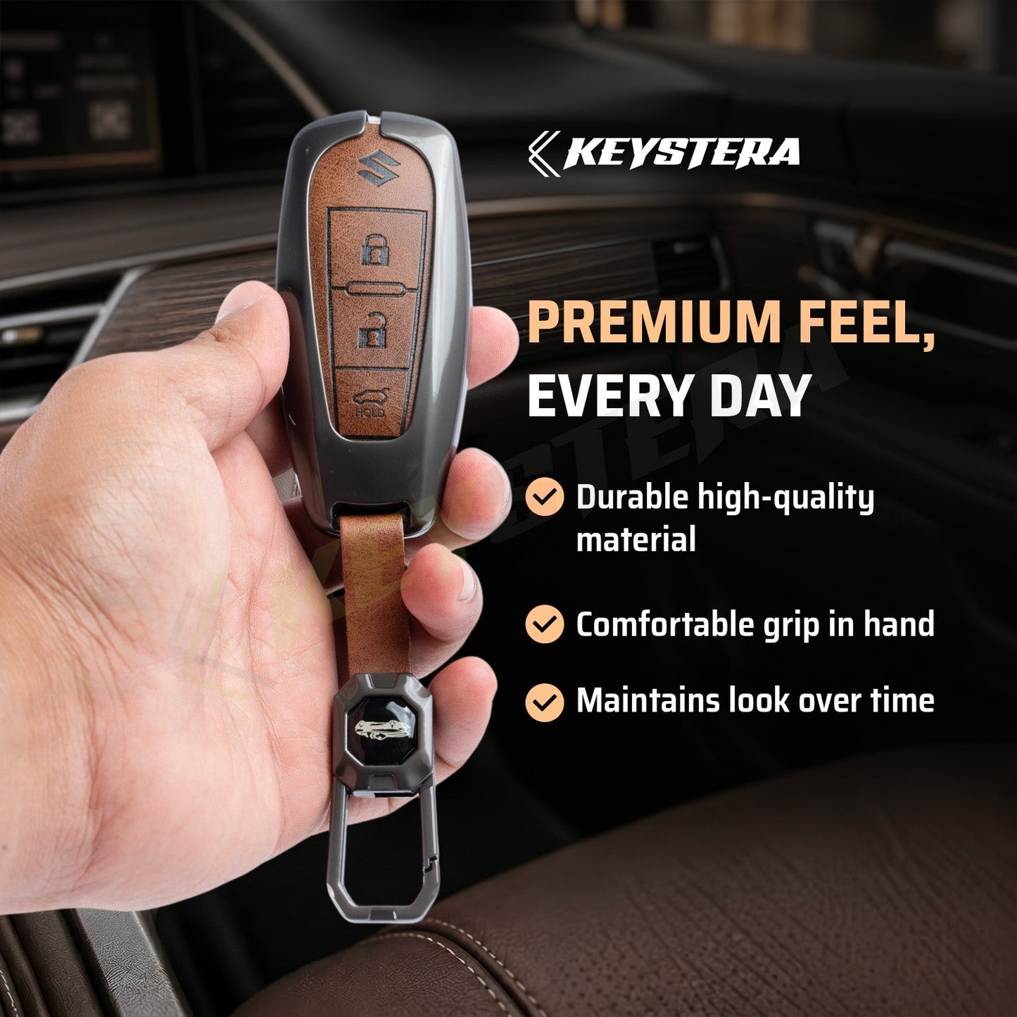 Metal Leather Brown Car Key Cover Compatible For Suzuki: Baleno, Ciaz, Grand Vitara, Brezza, S Cross, Swift, Ignis, XL6, Fronx, Jimny, Grand Vitara