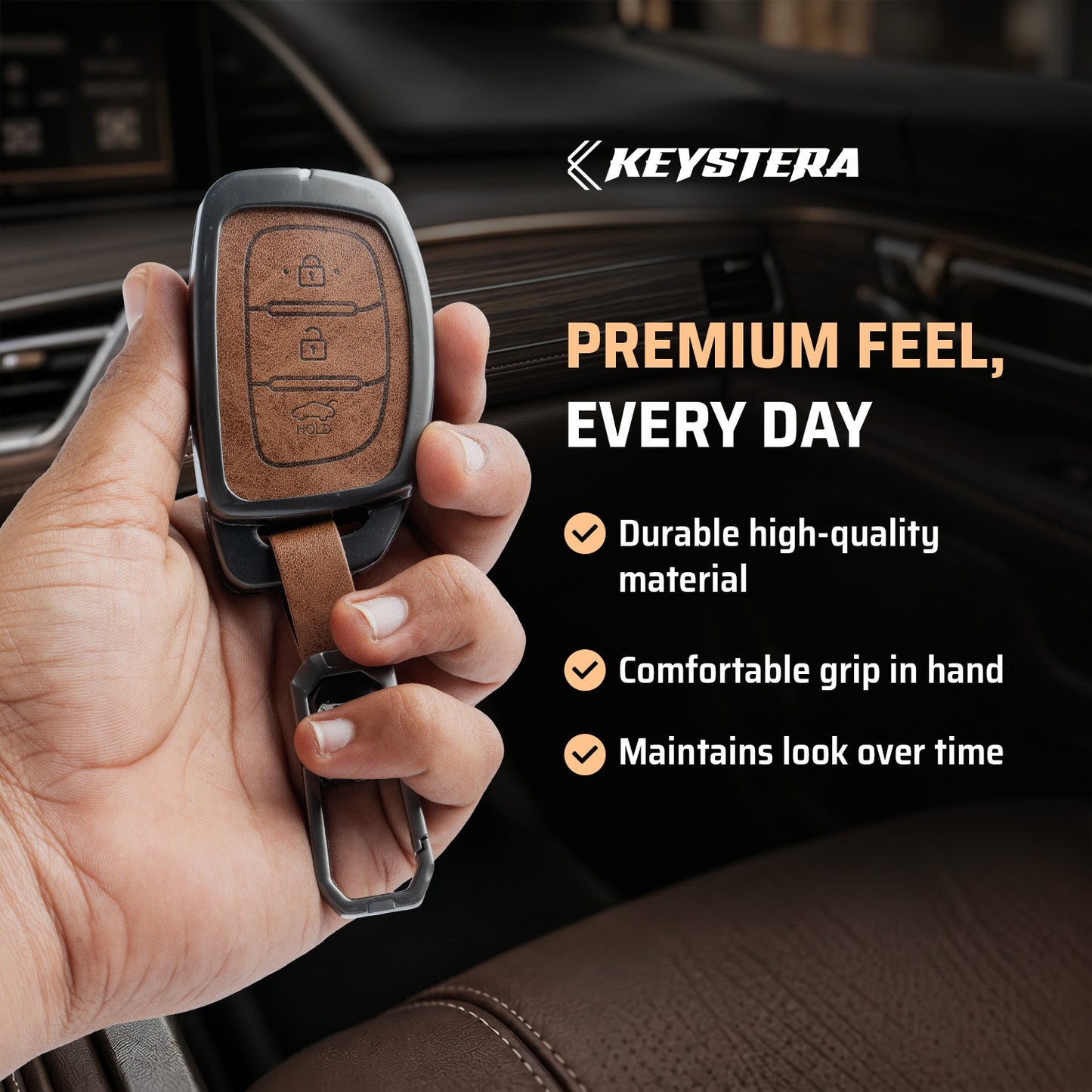 Metal Leather Brown Key Cover Compatible For Hyundai: i20, Creta, Venue, Tucson, Alcazar, Verna, Xcent, Aura, Elantra, Nios, I-10 Grand,Exter