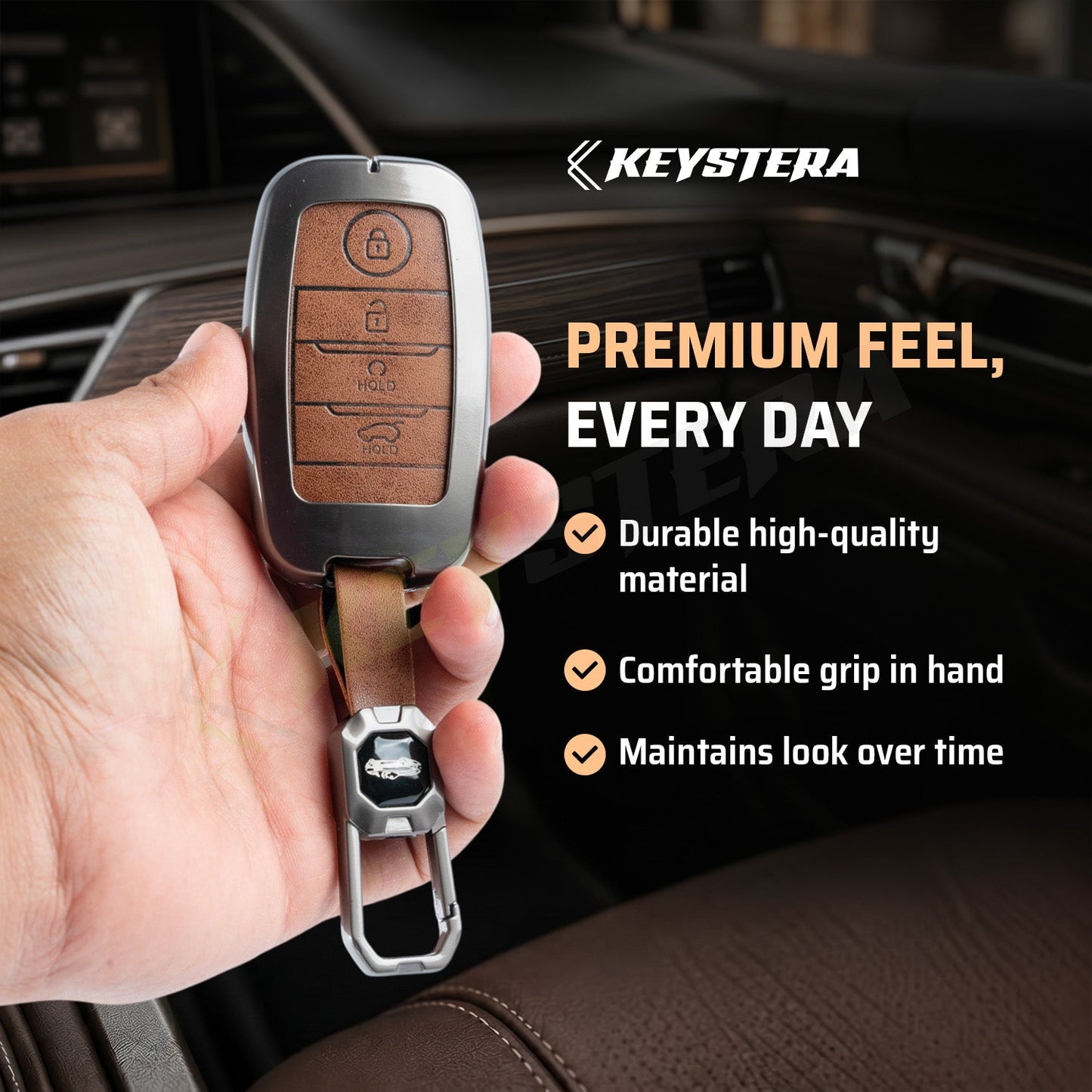 Metal Leather Brown kia : Seltos, Sonet, Carens, Seltos x line, Carnival (4 button smart key)