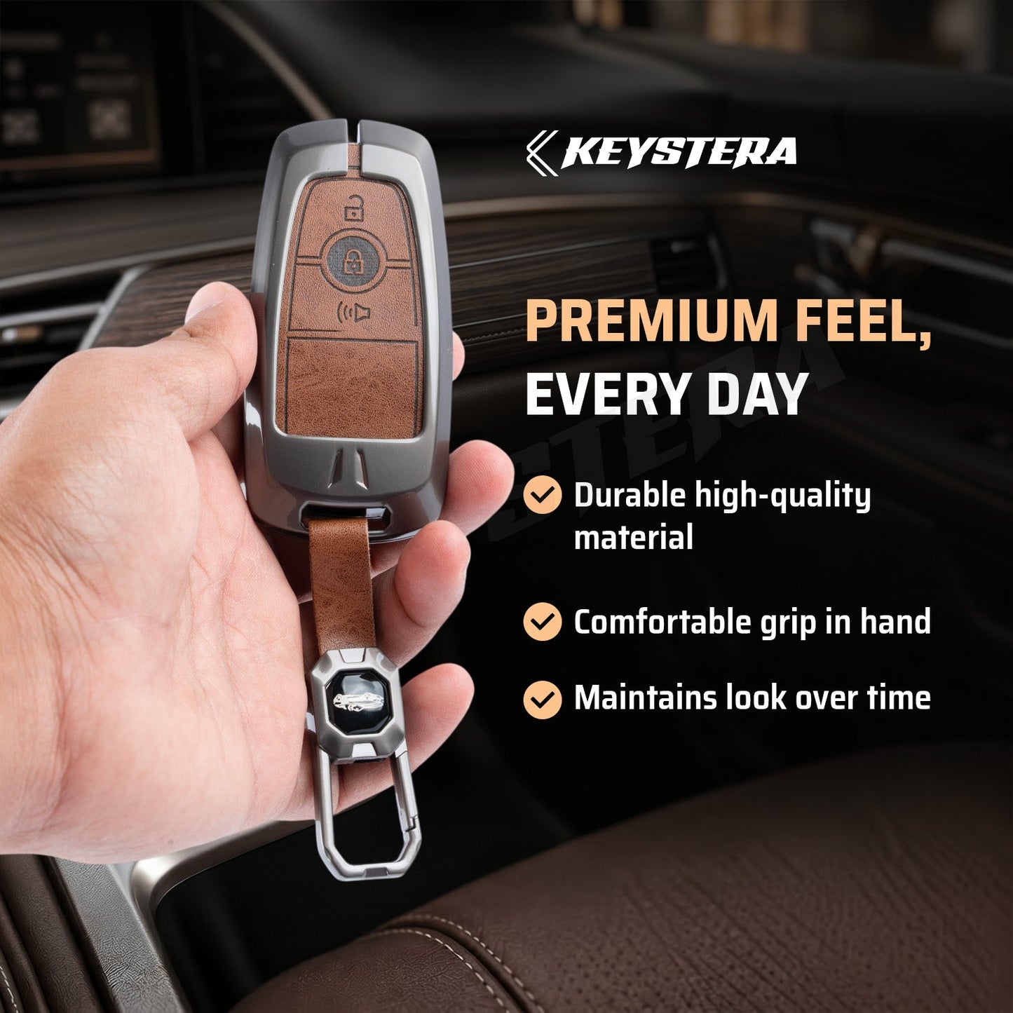 Metal Leather Car Key Cover Compatible For Ford : Figo, Aspire, Ecosport, Endeavour | 3 button Smart Key