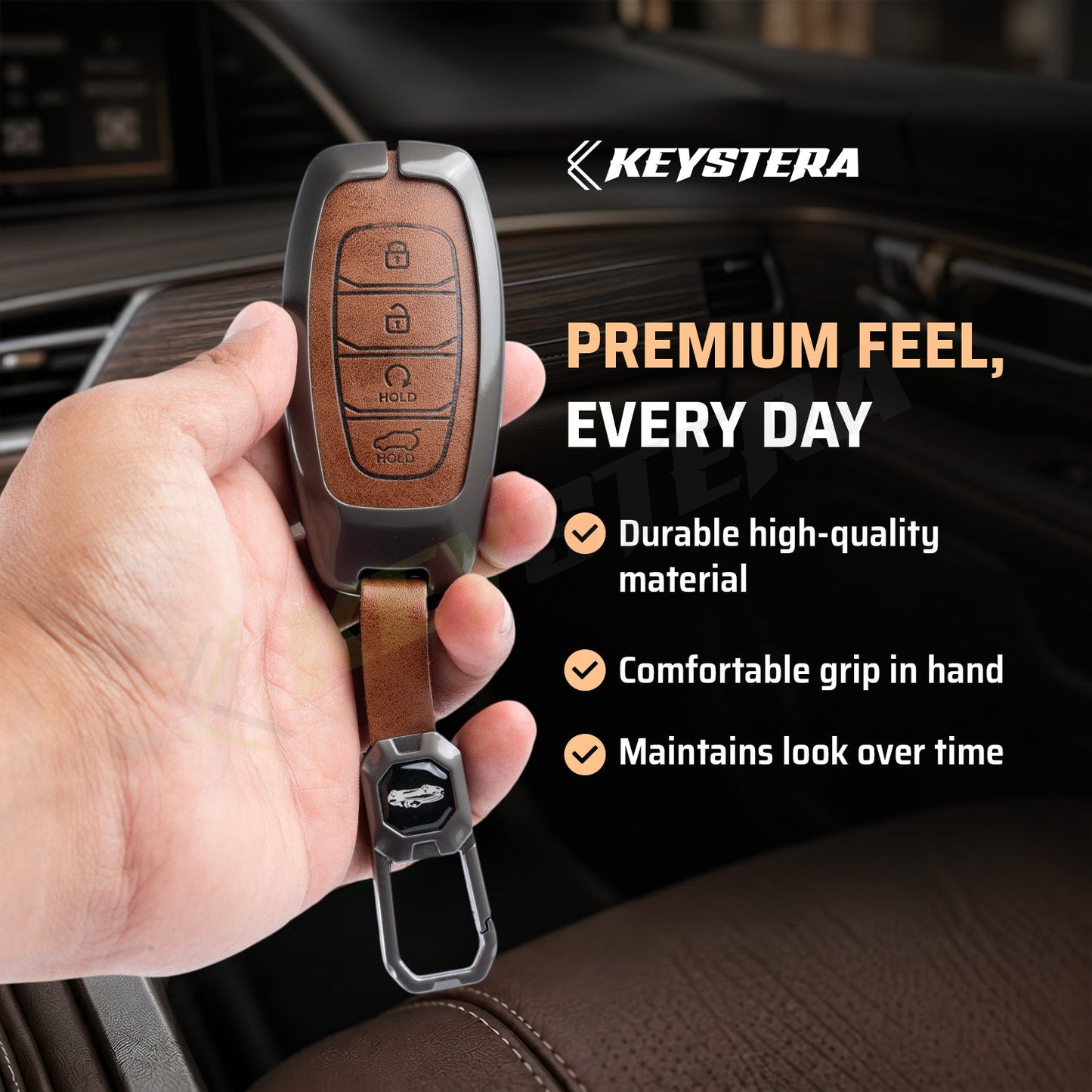 Metal Leather Brown Key Cover Compatible For Hyundai: i20, Verna 2023 onwards (4 button smart key)
