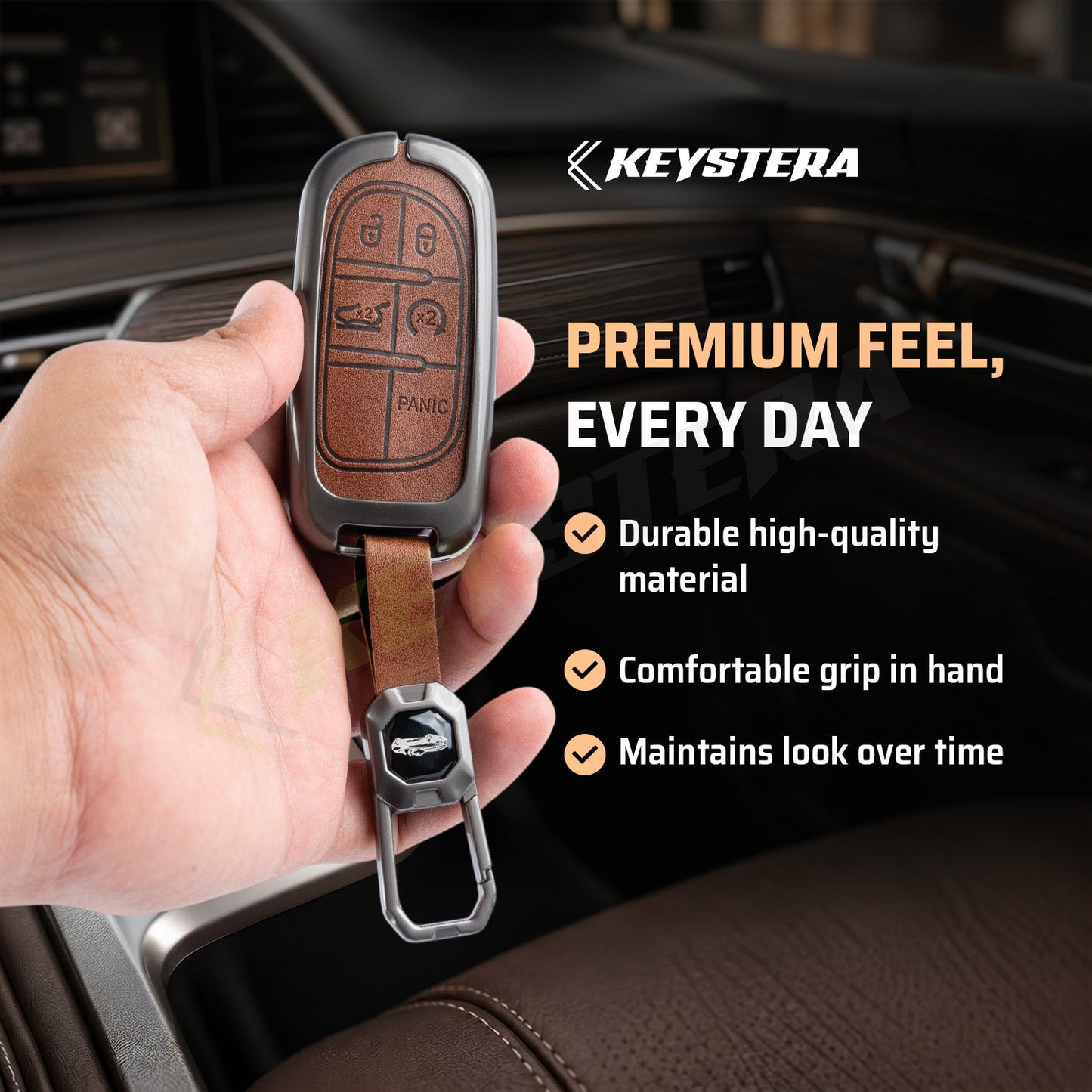 Metal Leather Brown Car Key Cover Compatible For Jeep Compass Smart Key