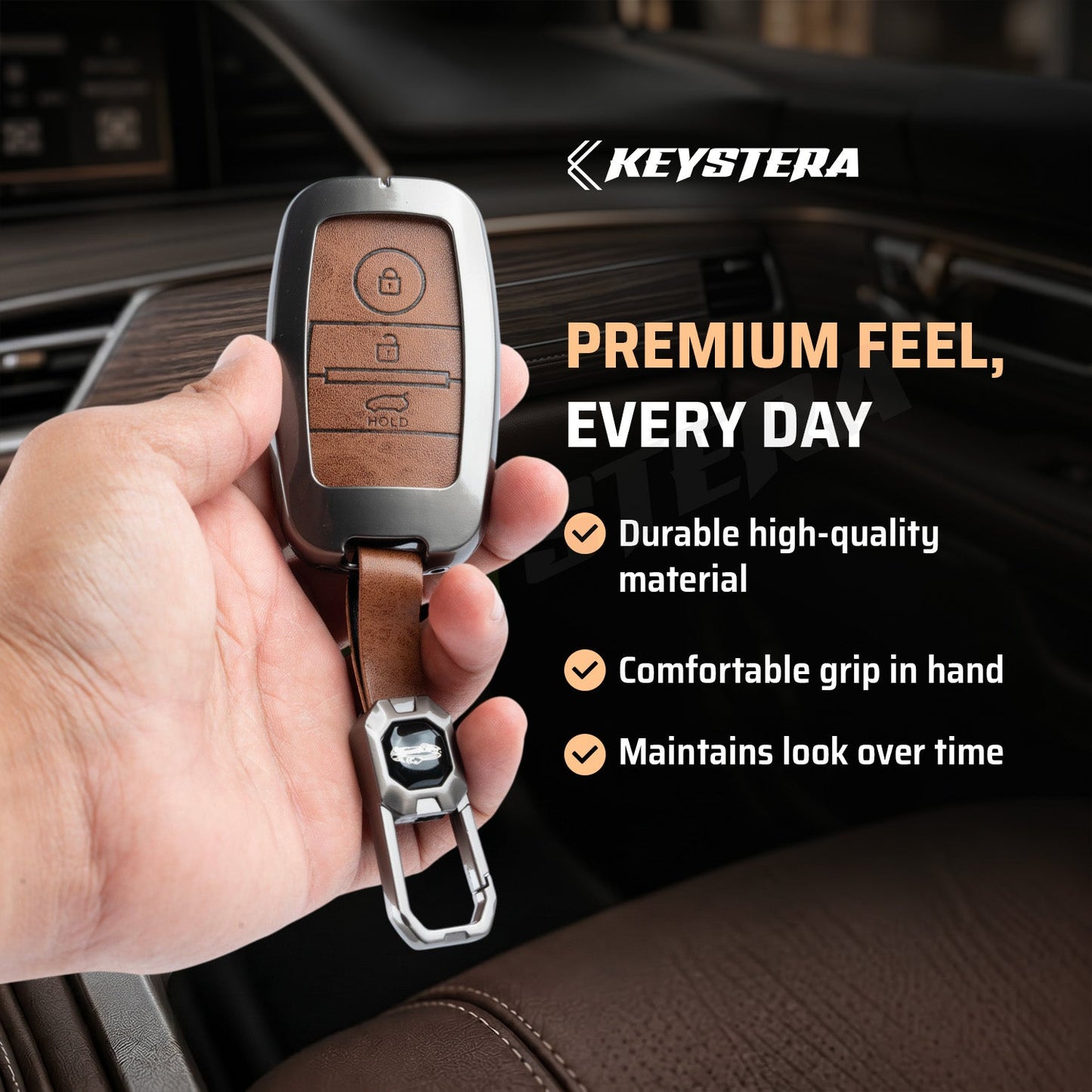 Metal Leather Brown Car Key Cover Compatible For Kia Seltos, Kia Sonet,Kia Carens,Kia Carnival (3 Button Smart Key)