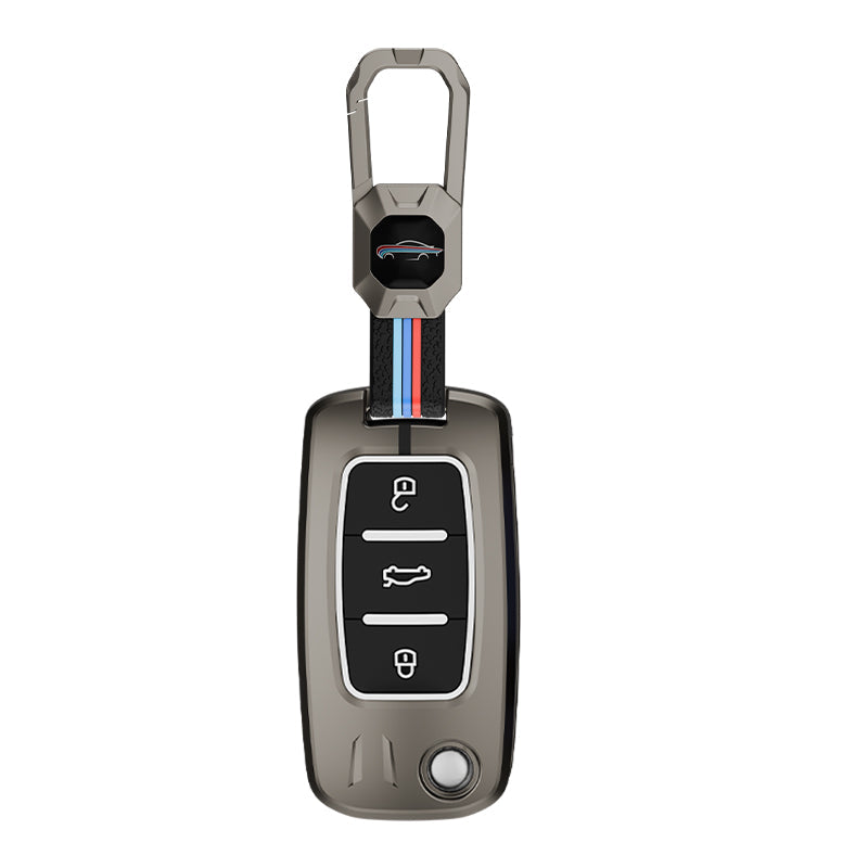 Metal Silicone Car Key Cover Compatible For Skoda : Octavia, Fabia, Laura, Superb, Rapid, Yeti & Volkswagen : Polo, Vento, Jetta, Ameo (3 Button Flip Key)