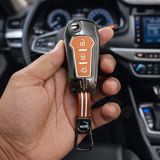 Metal Sapphire Key Cover With Key Chain Compatible with Ford : Figo, Aspire, Endeavour (3 Button Flip Key)