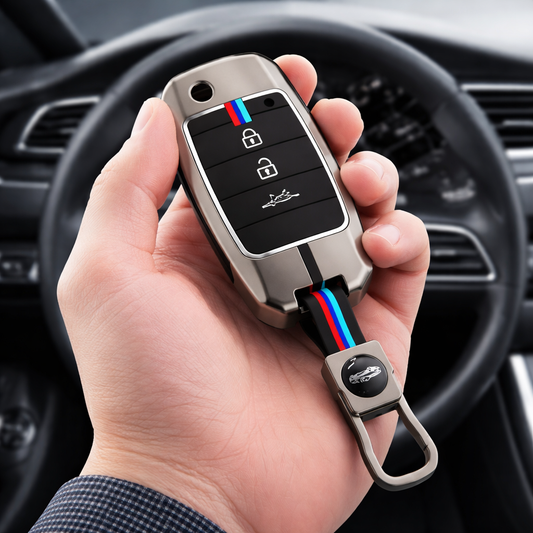 Metal Silicone Car Key Cover Compatible For Kia Seltos, Kia Sonet,Kia Carens (3 Button Flip Key)