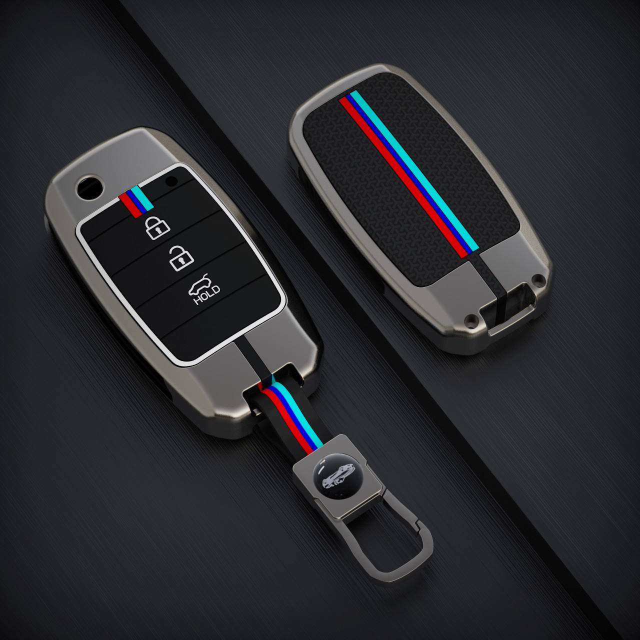 Metal Silicone Car Key Cover Compatible For Kia Seltos, Kia Sonet,Kia Carens (3 Button Flip Key)