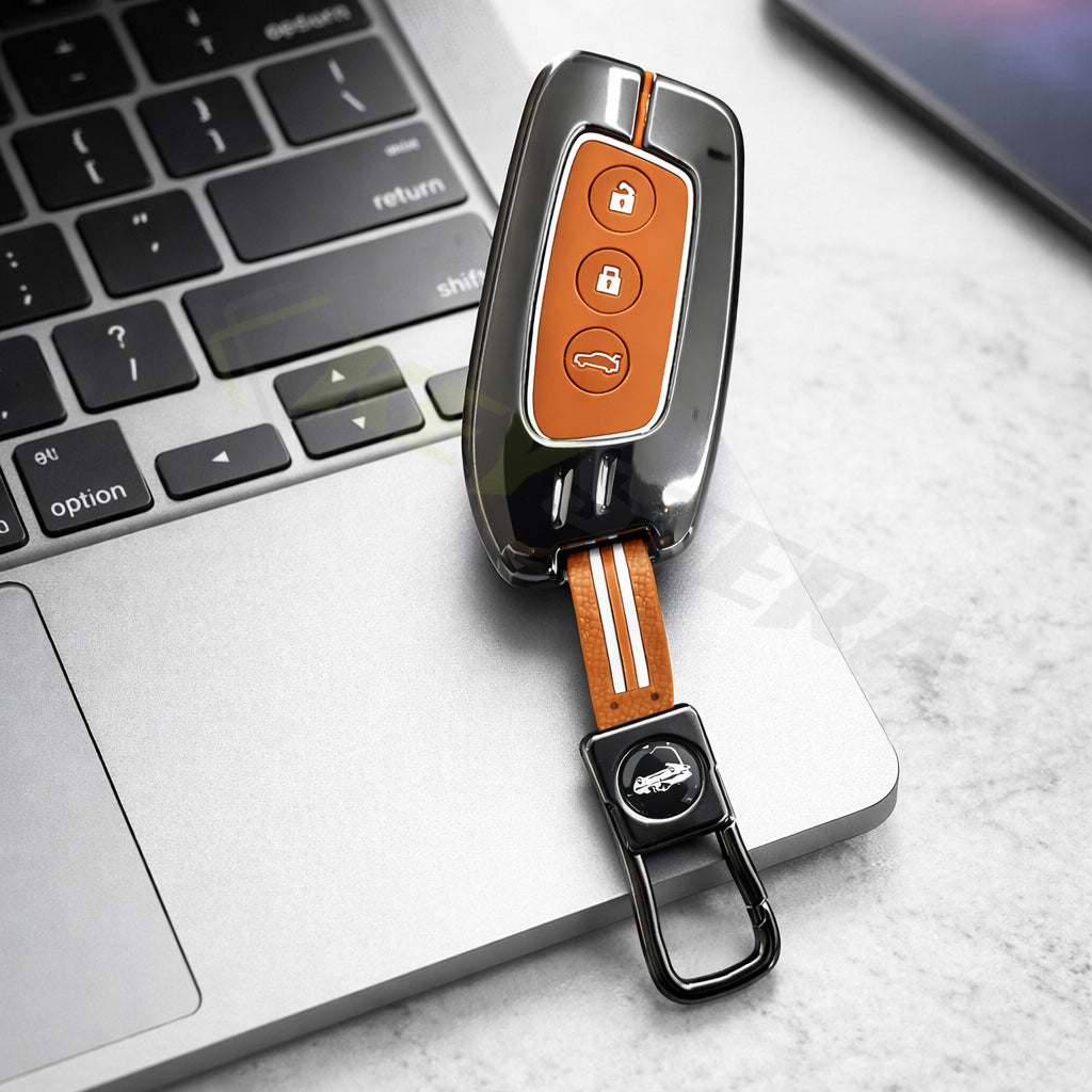 Metal Sapphire Key Cover With Key Chain Compatible with MG Hector | MG Windsor | MG Astor | MG Gloster 3 Button smart key)