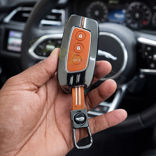 Metal Sapphire Key Cover With Key Chain Compatible with MG Hector | MG Windsor | MG Astor | MG Gloster 3 Button smart key)