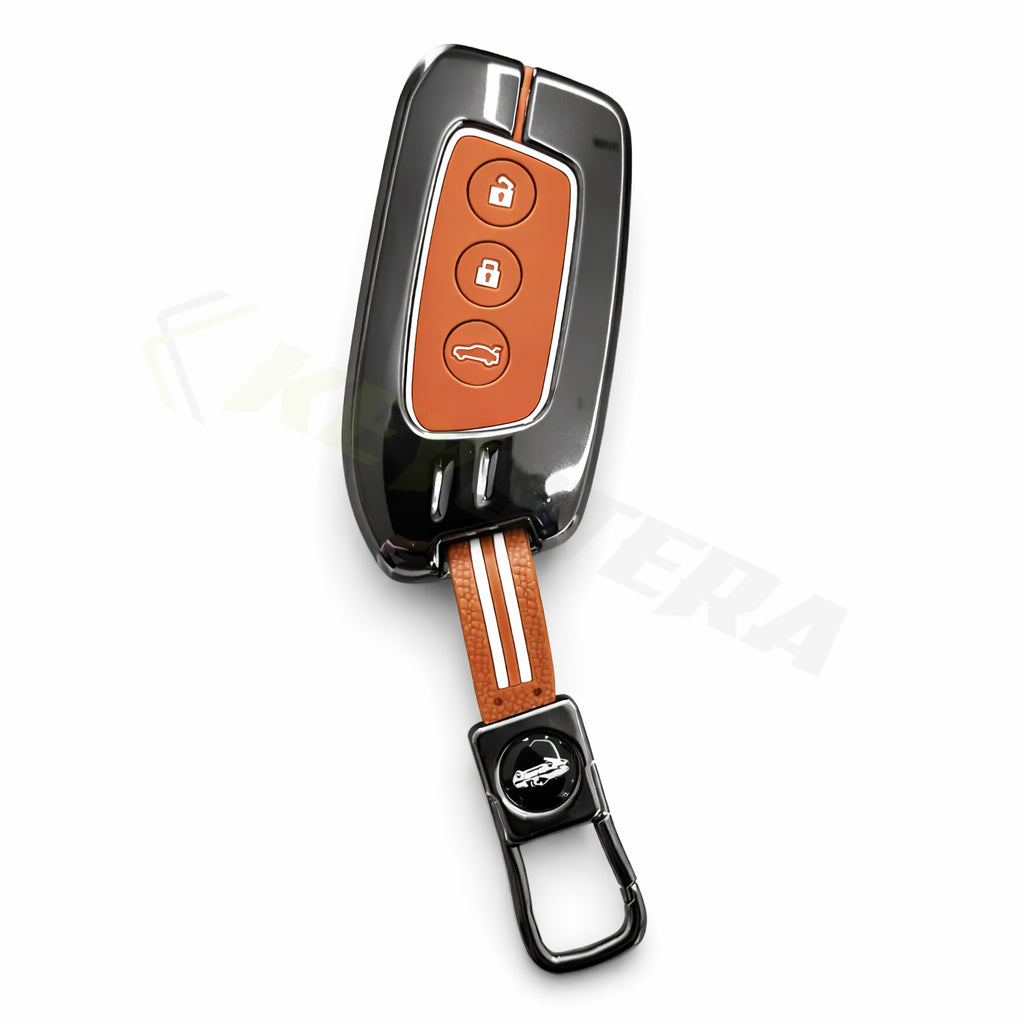 Metal Sapphire Key Cover With Key Chain Compatible with MG Hector | MG Windsor | MG Astor | MG Gloster 3 Button smart key)