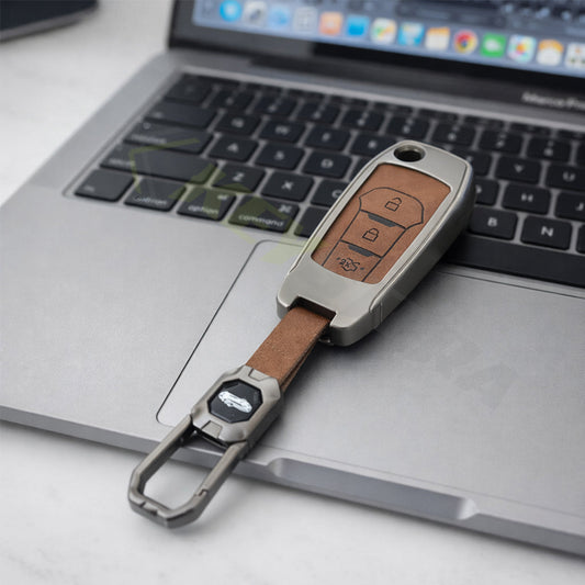 Metal Leather Brown Key Cover Compatible For Ford : Figo, Aspire, Endeavour (3 Button Flip Key)
