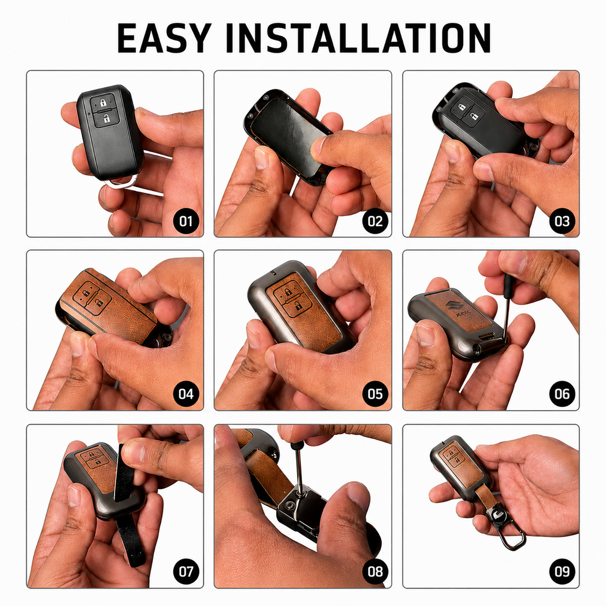 Metal Leather Brown Car Key Cover Compatible For Honda : City, Civic, Jazz, Brio, Amaze, Cr-v, Wr-v, Br-v, Mobilio (4B Smart Key)
