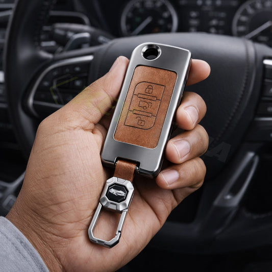 Metal Leather Brown Car Key Cover Compatible For Mahindra : XUV500 (3 Button Flip Key)