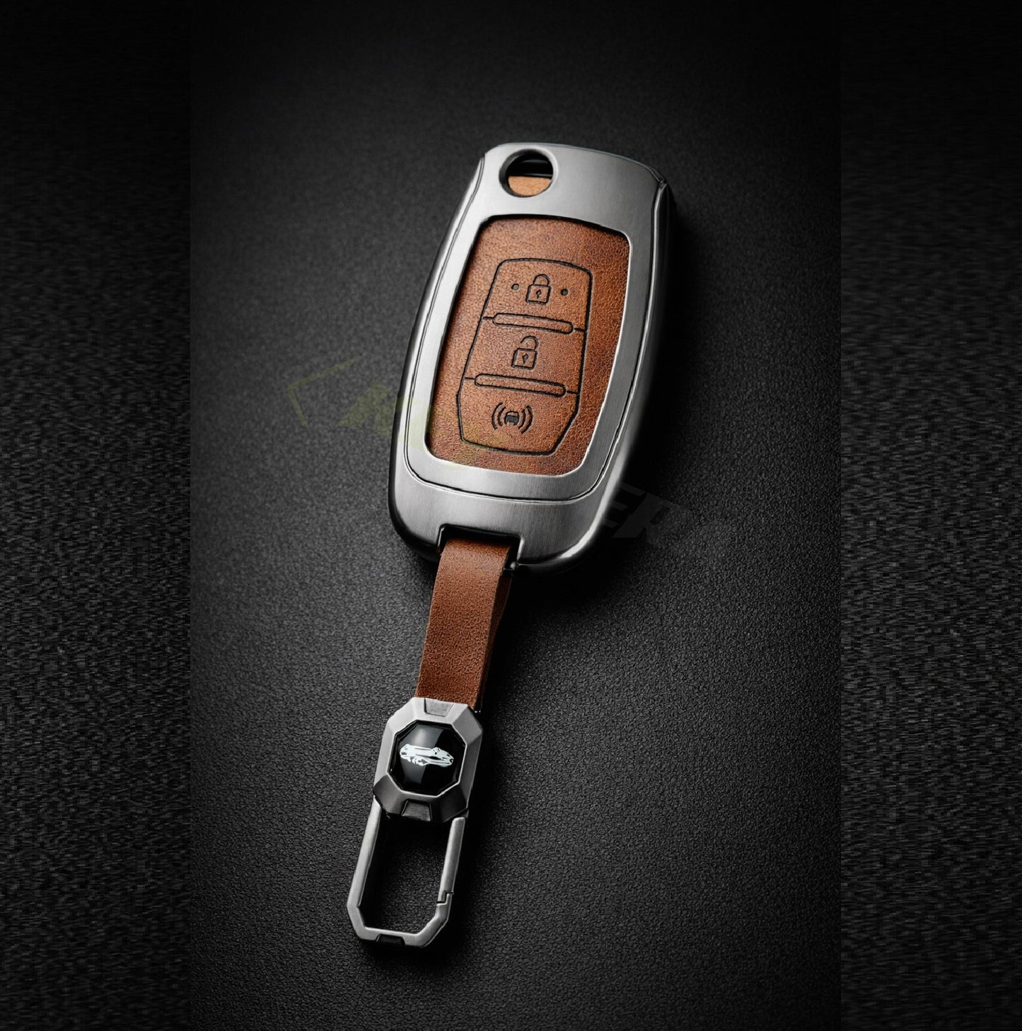 Metal Leather Brown Car Key Cover Compatible For Mahindra Alturas G4, XUV 300. ( 3 Button Flip Key)