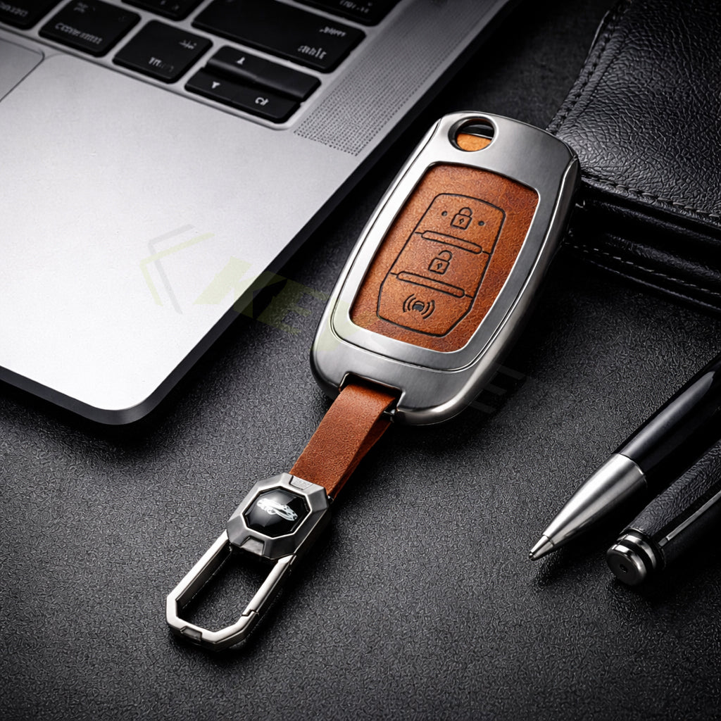 Metal Leather Brown Car Key Cover Compatible For Mahindra Alturas G4, XUV 300. ( 3 Button Flip Key)