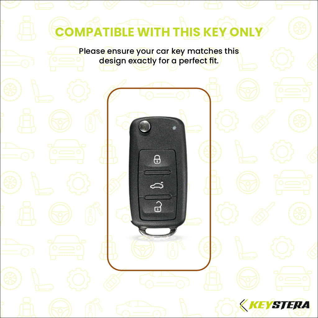 Metal Leather Brown Car Key Cover Compatible For Skoda : Octavia, Fabia, Laura, Superb, Rapid, Yeti & Volkswagen : Polo, Vento, Jetta, Ameo (3 Button Flip Key)