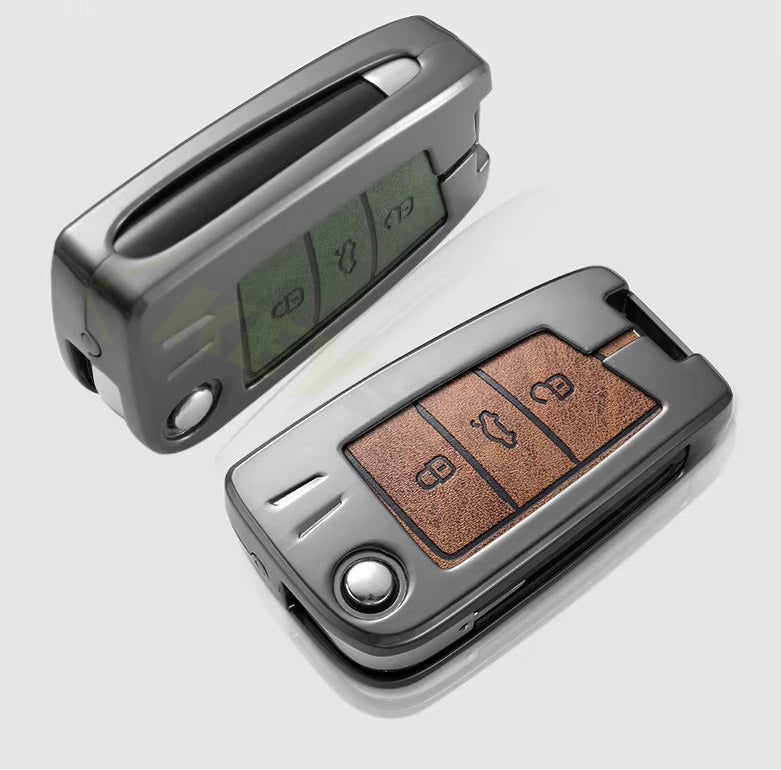 Metal Leather Brown Key Cover Compatible For Skoda Kushaq | Skoda Kodiaq | Skoda Slavia | Octavia | Volkswagen Tiguan | Volkswagen Virtus | New Polo | New Vento