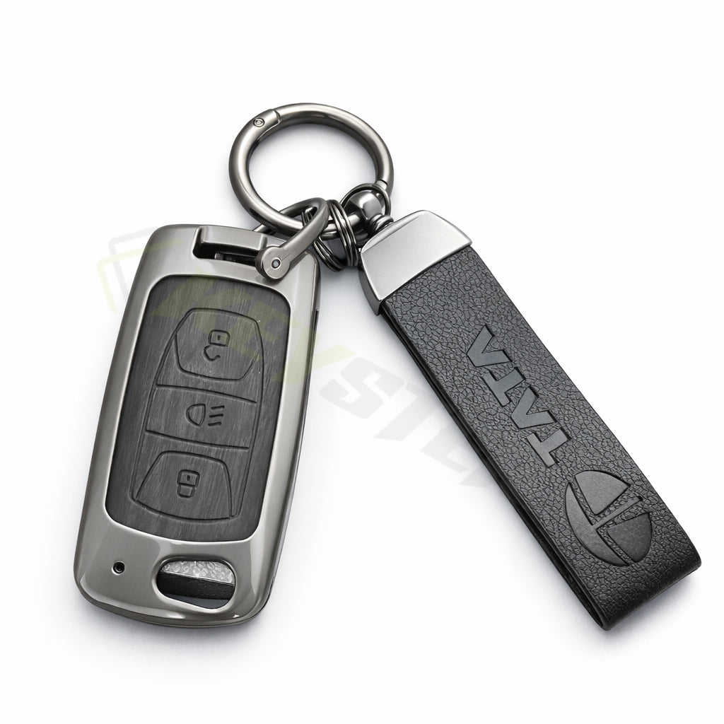 Metal Leather Black car Key Cover Compatible For Tata: Nexon, Harrier, Safari, Altroz, Punch, Tiago, Tigor, Zest, Bolt, Hexa