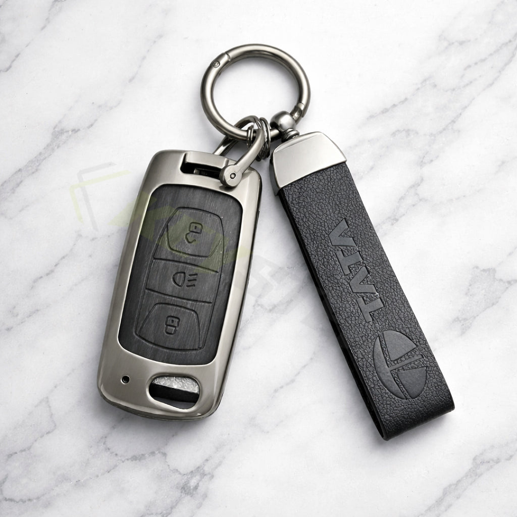 Metal Leather Black car Key Cover Compatible For Tata: Nexon, Harrier, Safari, Altroz, Punch, Tiago, Tigor, Zest, Bolt, Hexa