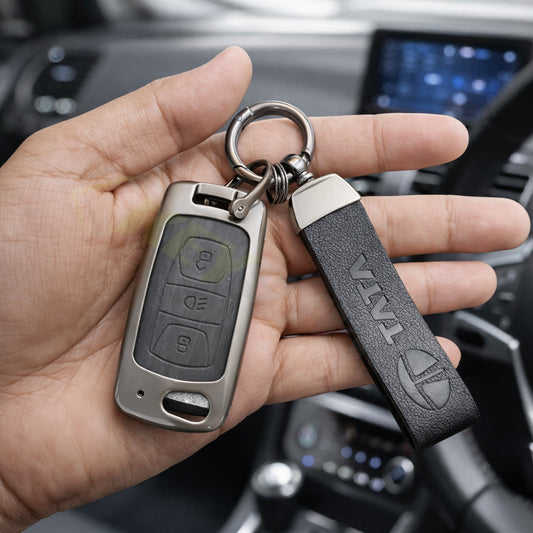 Metal Leather Black car Key Cover Compatible For Tata: Nexon, Harrier, Safari, Altroz, Punch, Tiago, Tigor, Zest, Bolt, Hexa