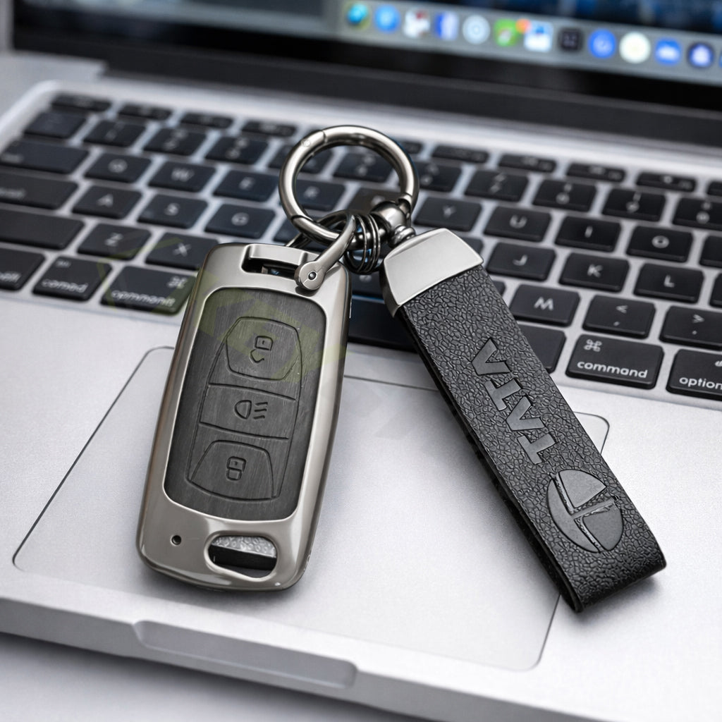 Metal Leather Black car Key Cover Compatible For Tata: Nexon, Harrier, Safari, Altroz, Punch, Tiago, Tigor, Zest, Bolt, Hexa