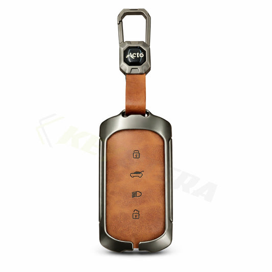 Metal Leather Brown Car Key Cover Compatible For Tata Sierra 2025, Curvv, Curvv EV (4 Button Smart Key)