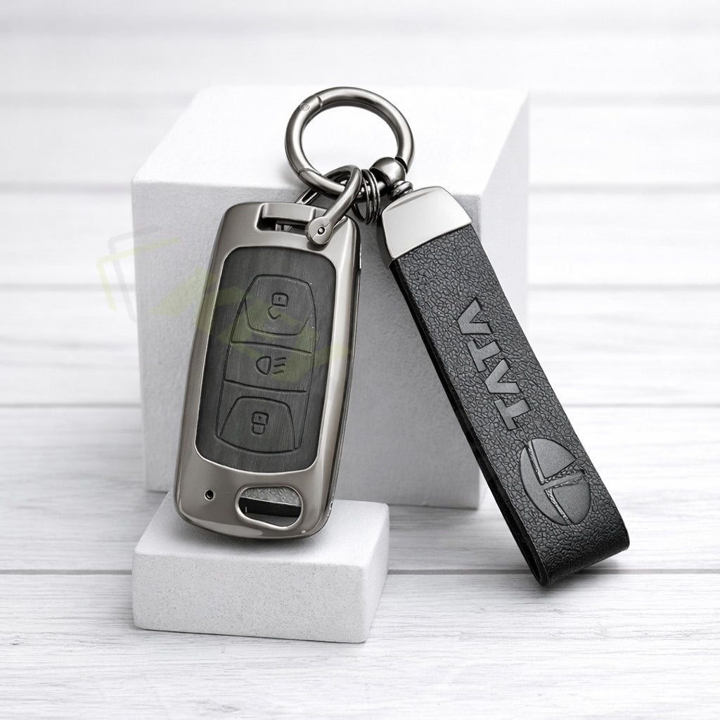 Metal Leather Black car Key Cover Compatible For Tata: Nexon, Harrier, Safari, Altroz, Punch, Tiago, Tigor, Zest, Bolt, Hexa