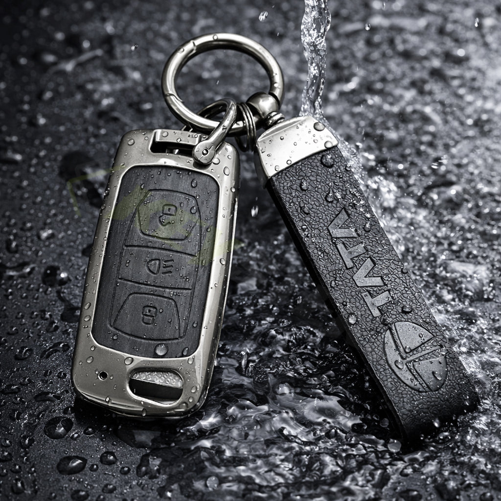 Metal Leather Black car Key Cover Compatible For Tata: Nexon, Harrier, Safari, Altroz, Punch, Tiago, Tigor, Zest, Bolt, Hexa