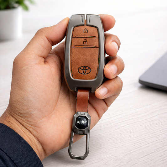 Metal Leather Brown Car Key Cover Compatible For Toyota: Innova Crysta, Innova HyCross, Hilux (2 button smart key)